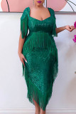 Green Celebrities Solid Tassel Sequins Patchwork Asymmetrical V Neck One Step Skirt Dresses