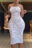 Pink Sexy Print Patchwork Spaghetti Strap Pencil Skirt Dresses