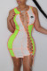 Fluorescent Green Fashion Street Print Bandage O Neck One Step Skirt Dresses