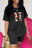 Red Fashion Print Patchwork O Neck Short Sleeve Two Pieces