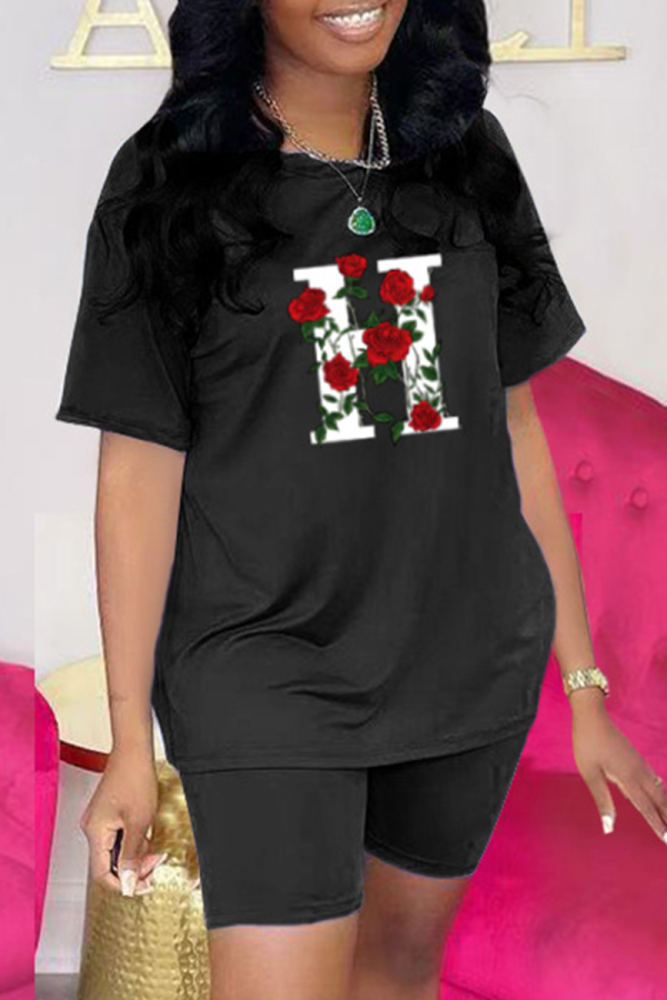 Black Fashion Print Patchwork O Neck Short Sleeve Two Pieces