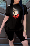 Black Fashion Print Patchwork O Neck Short Sleeve Two Pieces