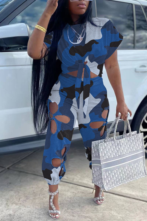 Blue Casual Print Camouflage Print Hollowed Out Patchwork O Neck Short Sleeve Two Pieces