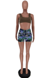 Green Sexy Camouflage Print Patchwork U Neck Sleeveless Two Pieces