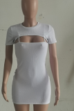Pink Sexy Solid Hollowed Out O Neck Pencil Skirt Dresses