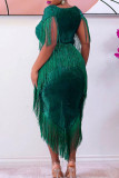 Green Celebrities Solid Tassel Sequins Patchwork Asymmetrical V Neck One Step Skirt Dresses