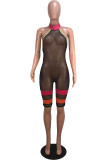 Black Fashion Sexy Patchwork See-through Backless Halter Skinny Romper