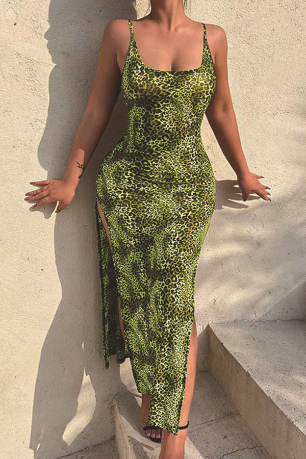 Green Sexy Print Leopard Split Joint Slit Spaghetti Strap Straight Dresses
