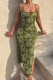 Green Sexy Print Leopard Patchwork Slit Spaghetti Strap Straight Dresses