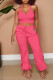 Rose Red Casual Solid Hollowed Out Patchwork U Neck Sleeveless Two Pieces