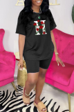 Red Fashion Print Patchwork O Neck Short Sleeve Two Pieces