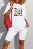 White Casual Print Patchwork O Neck Short Sleeve Two Pieces