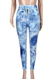 Blue Casual Print Tie Dye Patchwork High Waist Pencil Full Print Bottoms