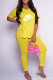 Yellow Fashion Casual Print Letter V Neck Short Sleeve Two Pieces