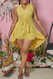 Yellow Fashion Solid Flounce V Neck Sleeveless Two Pieces