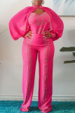 Black Elegant Solid Patchwork Hot Drill O Neck Long Sleeve Three Pieces