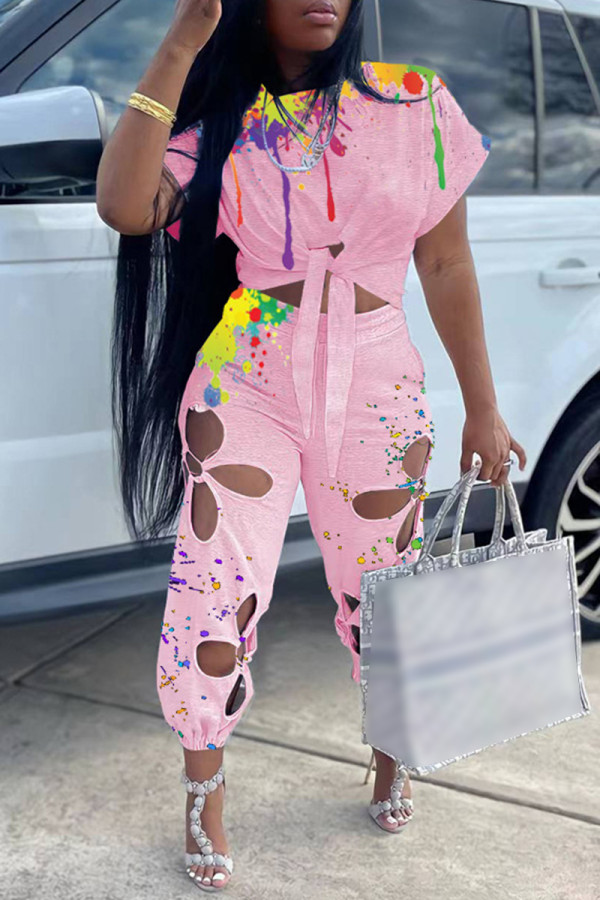 Pink Fashion Casual Print Bandage Hollowed Out O Neck Short Sleeve Two Pieces