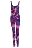 Blue Sexy Casual Print Patchwork Backless U Neck Skinny Jumpsuits