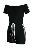 Blue Casual Sportswear Solid Patchwork Off the Shoulder Regular Rompers
