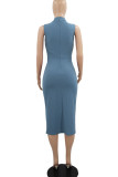 Blue Elegant Solid Hollowed Out Split Joint Slit O Neck One Step Skirt Dresses