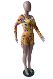 Yellow Sexy Print Split Joint Hooded Collar Long Sleeve Two Pieces