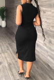 Black Elegant Solid Hollowed Out Split Joint Slit O Neck One Step Skirt Dresses