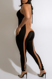 Black Sexy Solid Split Joint See-through Asymmetrical Collar Skinny Jumpsuits