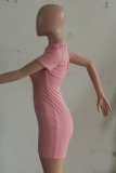Pink Sexy Solid Hollowed Out O Neck Pencil Skirt Dresses