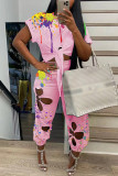 Pink Fashion Casual Print Bandage Hollowed Out O Neck Short Sleeve Two Pieces