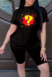 Black Casual Print Patchwork O Neck Short Sleeve Two Pieces