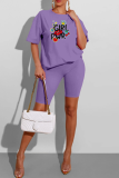 Purple Casual Lips Printed Patchwork O Neck Short Sleeve Two Pieces