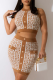 Coffee Sexy Print Buckle O Neck Sleeveless Two Pieces
