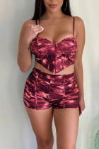Red Sexy Print Split Joint Spaghetti Strap Sleeveless Two Pieces