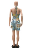 Blue Sexy Print Patchwork Halter Pencil Skirt Dresses