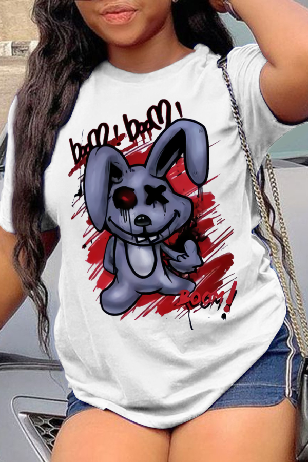White Fashion Vintage Print Patchwork O Neck T-Shirts