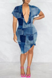 Blue Casual Street Print Patchwork V Neck Straight Dresses