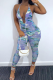 Light Blue Sexy Print Hollowed Out Halter Skinny Jumpsuits