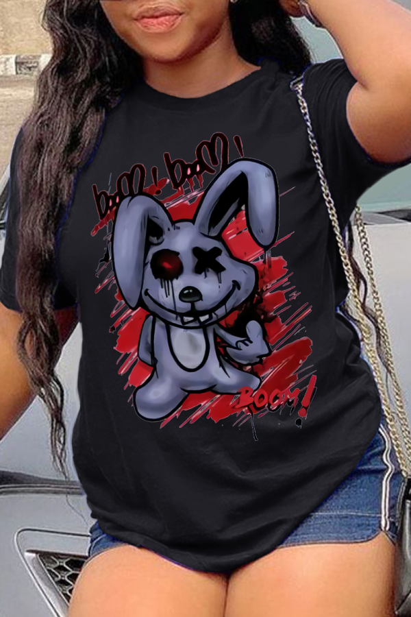 Black Fashion Vintage Print Patchwork O Neck T-Shirts