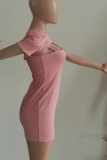 Pink Sexy Solid Hollowed Out O Neck Pencil Skirt Dresses