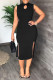 Black Elegant Solid Hollowed Out Patchwork Slit O Neck One Step Skirt Dresses
