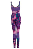 Blue Sexy Casual Print Patchwork Backless U Neck Skinny Jumpsuits