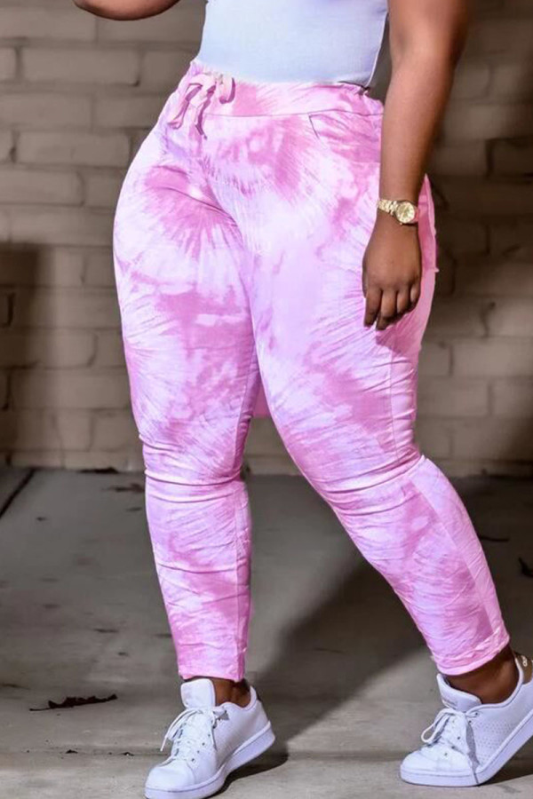 Pink Purple Casual Print Tie Dye Patchwork High Waist Pencil Full Print Bottoms