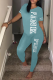 Sky Blue Casual Patchwork Letter O Neck Short Sleeve Two Pieces