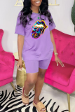 Red Fashion Lips Printed Patchwork O Neck Short Sleeve Two Pieces