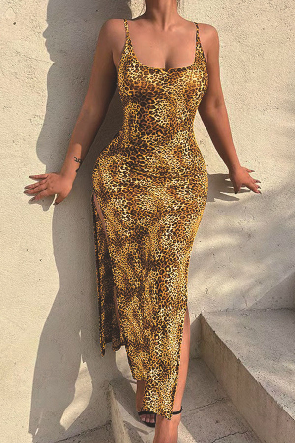 Yellow Sexy Print Leopard Split Joint Slit Spaghetti Strap Straight Dresses