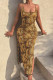 Yellow Sexy Print Leopard Patchwork Slit Spaghetti Strap Straight Dresses