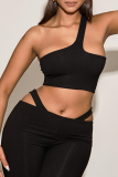 Black Sexy Solid Patchwork One Shoulder Sleeveless Two Pieces