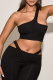 Black Sexy Solid Patchwork One Shoulder Sleeveless Two Pieces