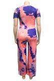 Blue Fashion adult Sexy O Neck Print Two Piece Suits Tie Dye Bandage crop top