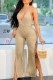 Khaki Casual Solid Patchwork Backless Slit Halter Straight Jumpsuits